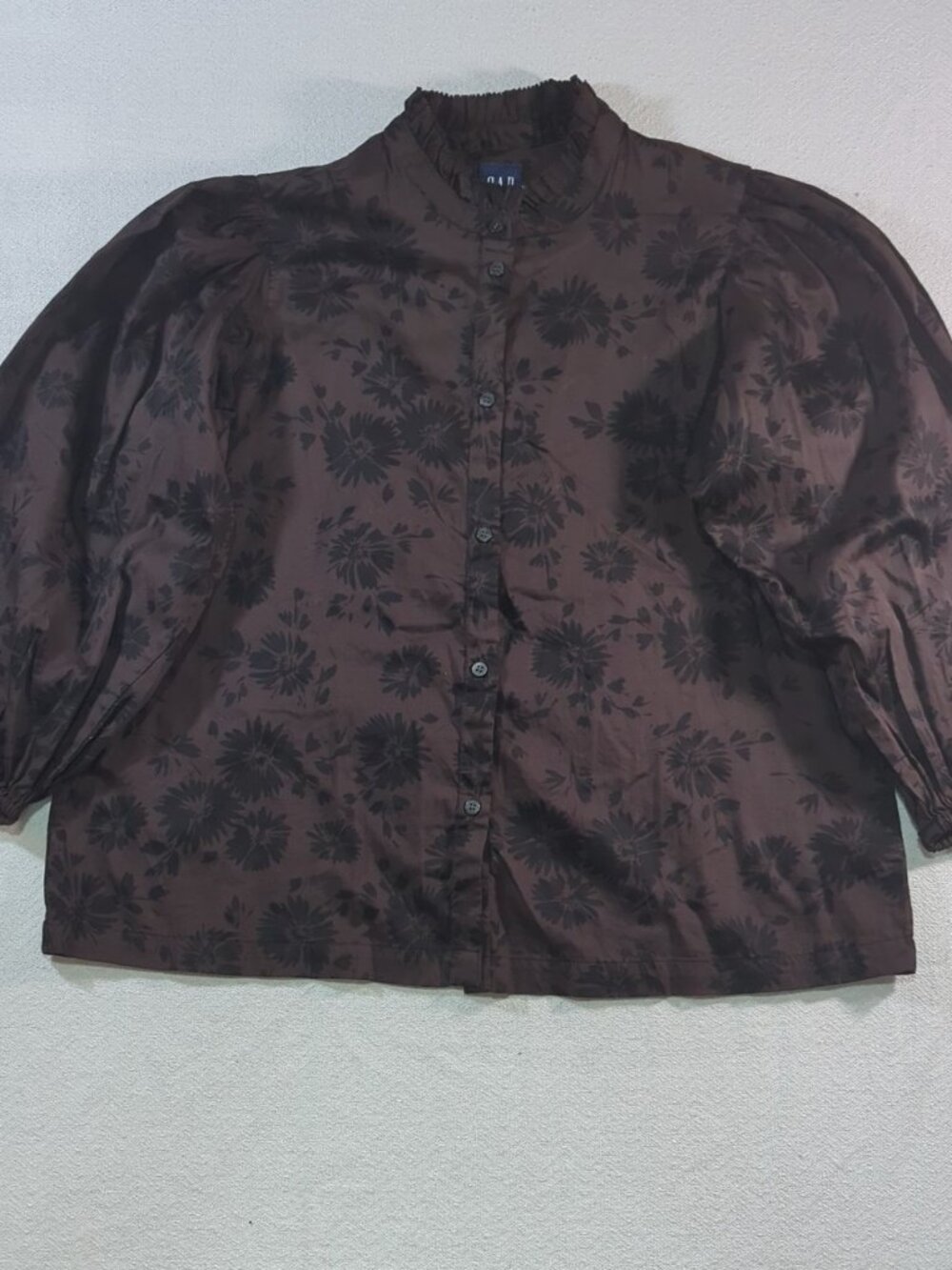 NWT Gap Brown/Black Floral Ruffle Collar Puff Sleeve Button Front Blouse - Sz M
